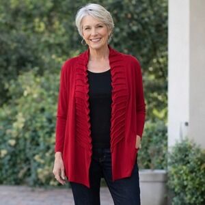 Chico's Travelers Slinky Knit Open Front Princess Pleat Ruffle Jacket XL 3 Red